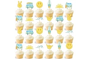 SINASASSPEL 32Pcs Surfing Party Cupcake Toppers Hippie Groovy Birthday Party Decor Boho Wave Sun Hippie Bus Shaka Cake Decorations for Summer Beach Party Supplies