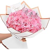TLY Glitter Roses Bouquet, Pink Flower Bouquet, DIY Fake Rose Flowers, Birthday Gifts for Women, Artificial Rose with Wrapping Paper Crowns Cards for Valentines Day Anniversary Engagement Wedding