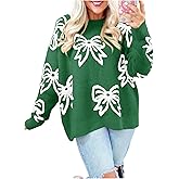 SweatyRocks Women's Bow Graphic Crew Neck Loose Sweater Casual Long Sleeve Drop Shoulder Knit Pullover Tops