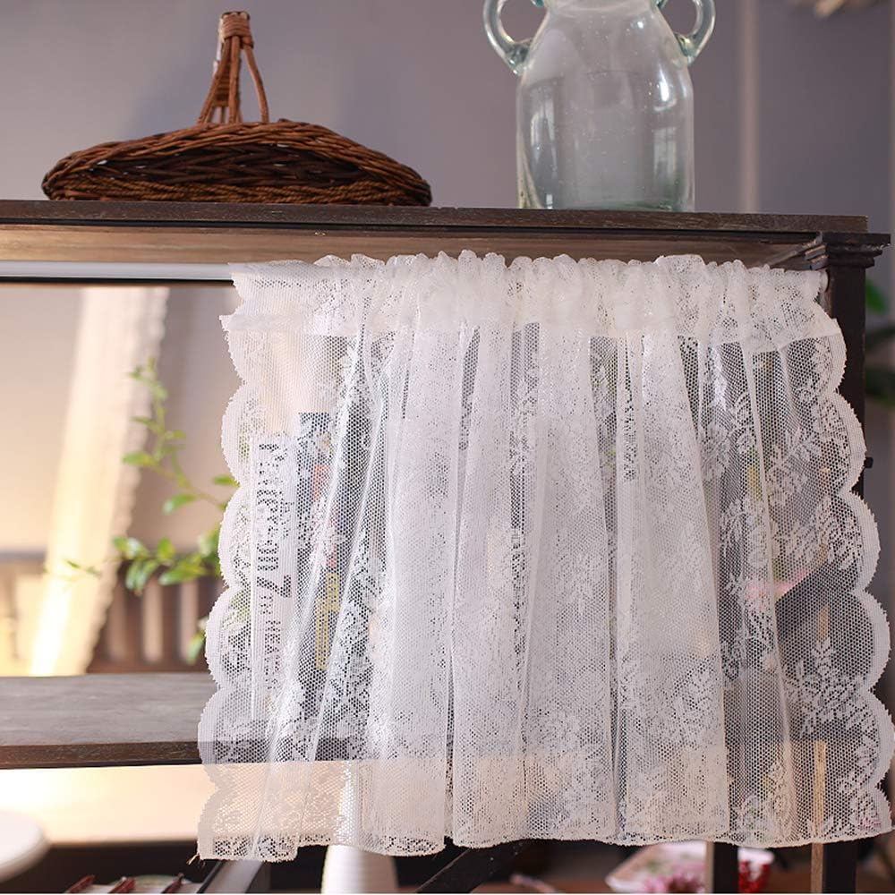 ZHH Sheer Lace Valance Kitchen Short Curtain White Grid Flower Curtain for Window Bedroom Livingroom Decor 23 by 57-Inch, 1 Panel