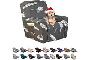 FIGOOO Recliner Sofa Slipcover 4-Piece Stretch Recliner Chair Covers Non Slip Jacquard Recliner Cover with Pockets Reclining Couch Covers Furniture Protector for Dogs Cats(Grey Feather,1 Seater)