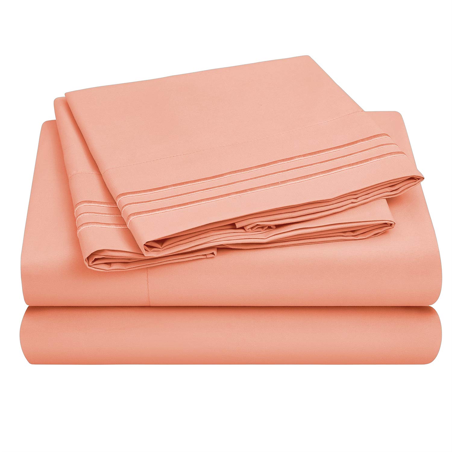 HOMEIDEAS 4 Piece 3-Line Embossed Bed Sheets Set Extra Soft Brushed Microfiber 1800 Bedding Sheets Deep Pocket, Wrinkle & Fade Free (King, Coral)