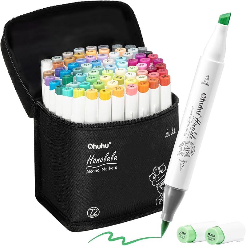 Ohuhu Alcohol Markers 72 Colors Brush Tip Dual Tips Chisel AP Certified