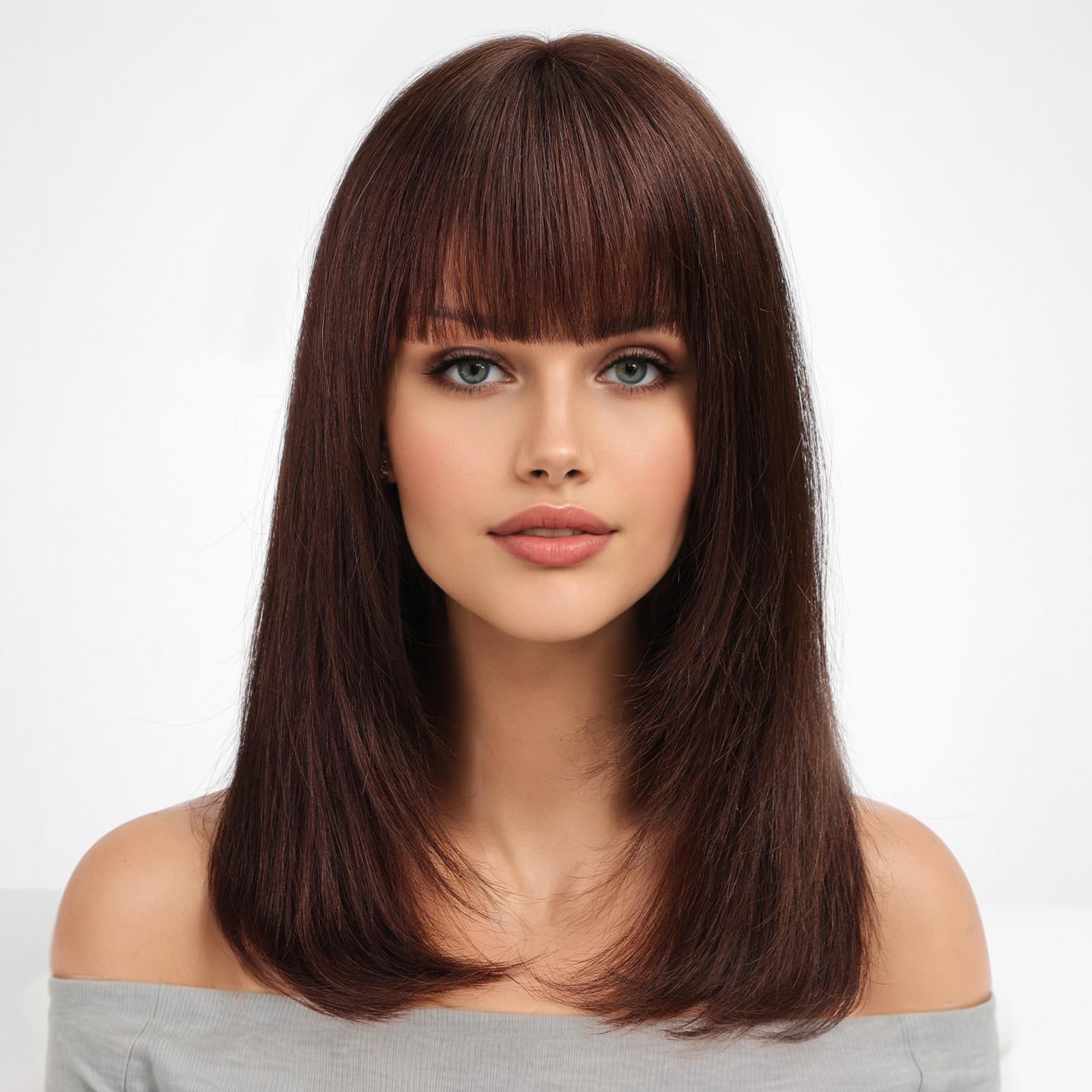 Photo 1 of KKU 16 Inch Dark Brown Human Hair Wigs for Women,Layered Straight Hair Wig with Bangs,Wear Natural Realism