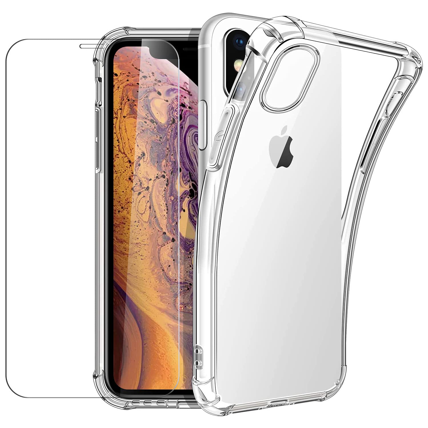 New&Teck Compactible Case with iPhone X/XS + [Tempered Glass Screen Protector], Transparent Soft TPU Silicone Case [Bumper with Reinforced Corners], Clear Protection.