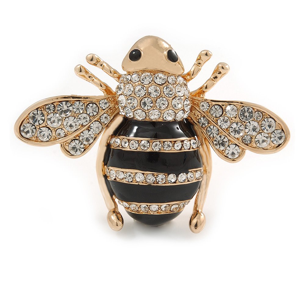 Large Gold Plated Clear Crystal with Black Enamel Bee Brooch - 55mm W