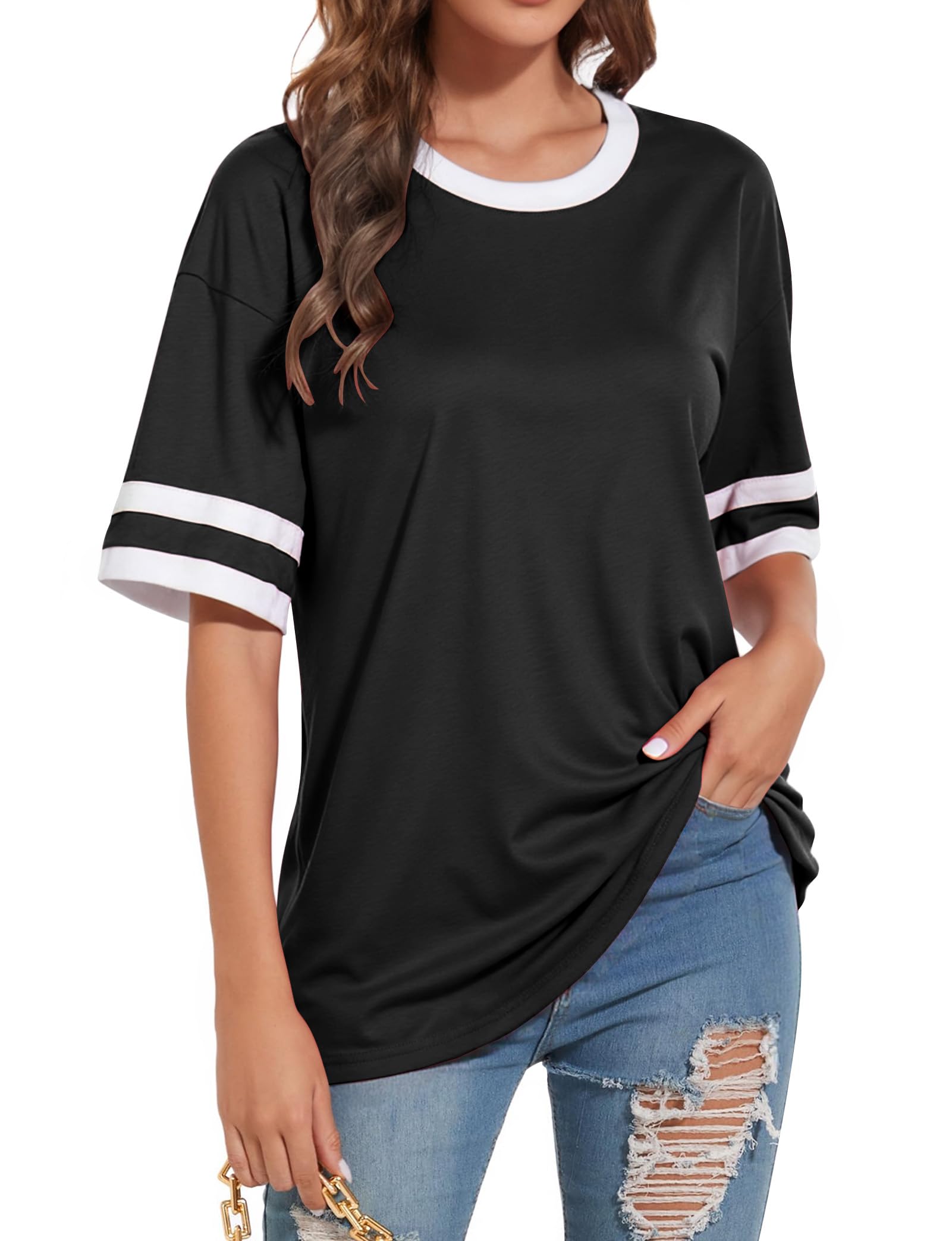 Photo 1 of Women's Fashion 2025 T-Shirts - Loose Fit Short Sleeve Color Block Tee - Breathable Crew Neck Summer Top Black