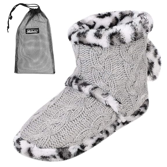 Womens Thermal Slipper Boots Ladies Knitted Soft Boot Slippers with Pom