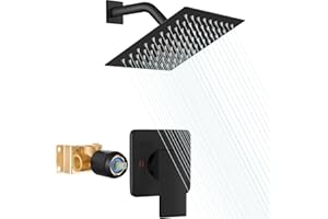 Heyalan 8 Inch Shower Head and Handle Set Square Shower Faucet Set Bathroom Rainfall Shower System Stainless Steel Showerhead Single Function Shower Trim Kit,Female Thread Valve,Matte Black