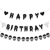 Halloween Happy Birthday Banner - Black Glitter Skull Garland Spooky Birthday Decorations for Halloween Ghost Skeleton Theme Party Supplies