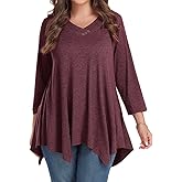 MONNURO Womens Plus Size 3/4 Sleeve Tunics V Neck Button Casual Loose Tops Plaid Shirts for Women Asymmetrical Blouses