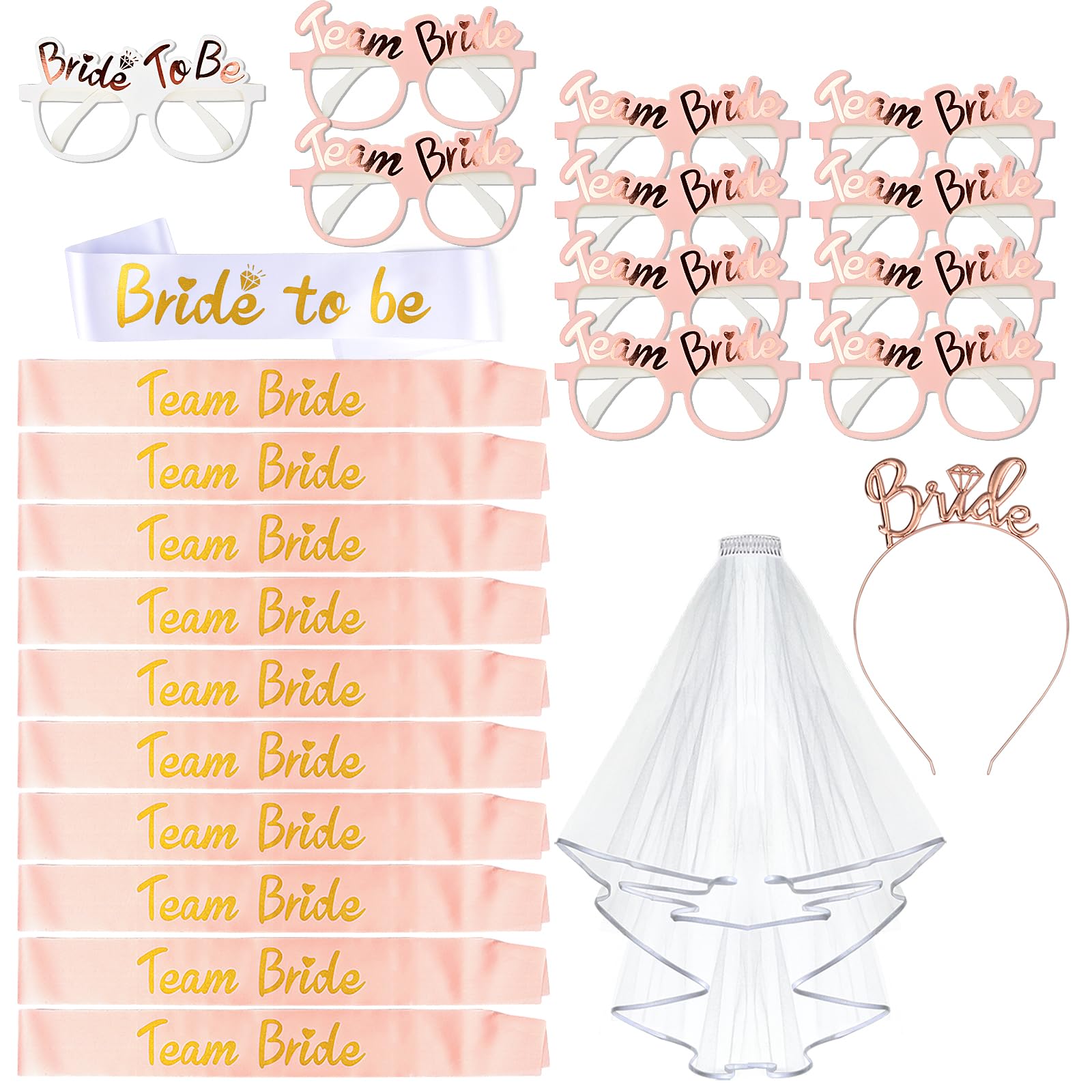 AniSqui Hen Party Accessories, (1 Bride to be Sash + 10 Team Bride Sash + 11 Hen Party Glasses + 1 Hen Party Veil + 1 Bride to be Tiara), Hen do Accessories, Hen Night Accessories (Rose Gold)