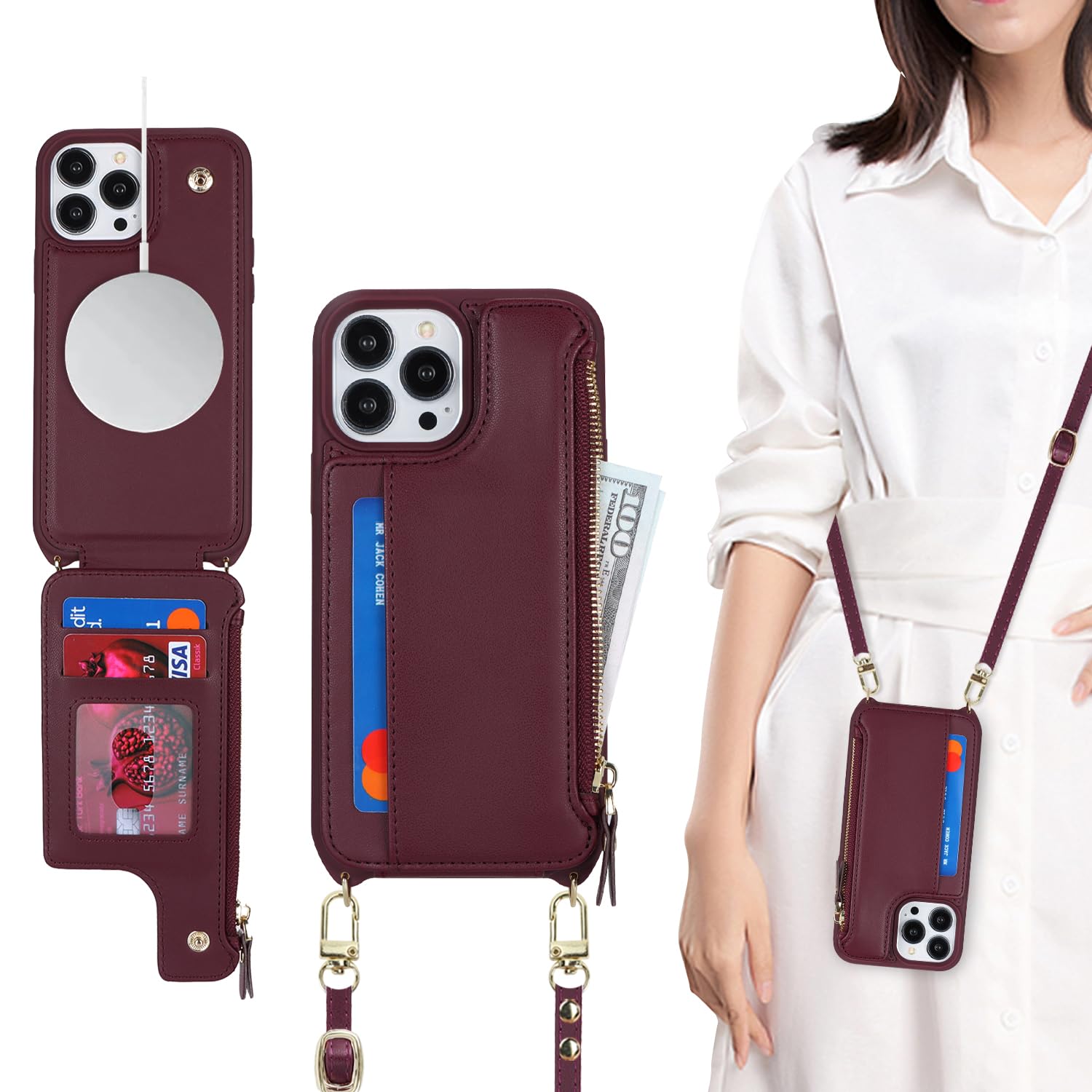 SailorTech for iPhone 13 Pro Case with Credit Card Holder magsafe, iPhone 13 Pro Phone Leather Case Wallet for Men Crossbody with mag safe Zipper Shockproof Case for Women - Burgundy — image 1