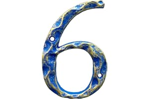 HOMUS 5" High House Numbers - Hammered Surface Cast Iron Home Address or Mailbox Numbers - Easy to Install - Premium Quality Address Plaques/Gold & Blue/Number 6