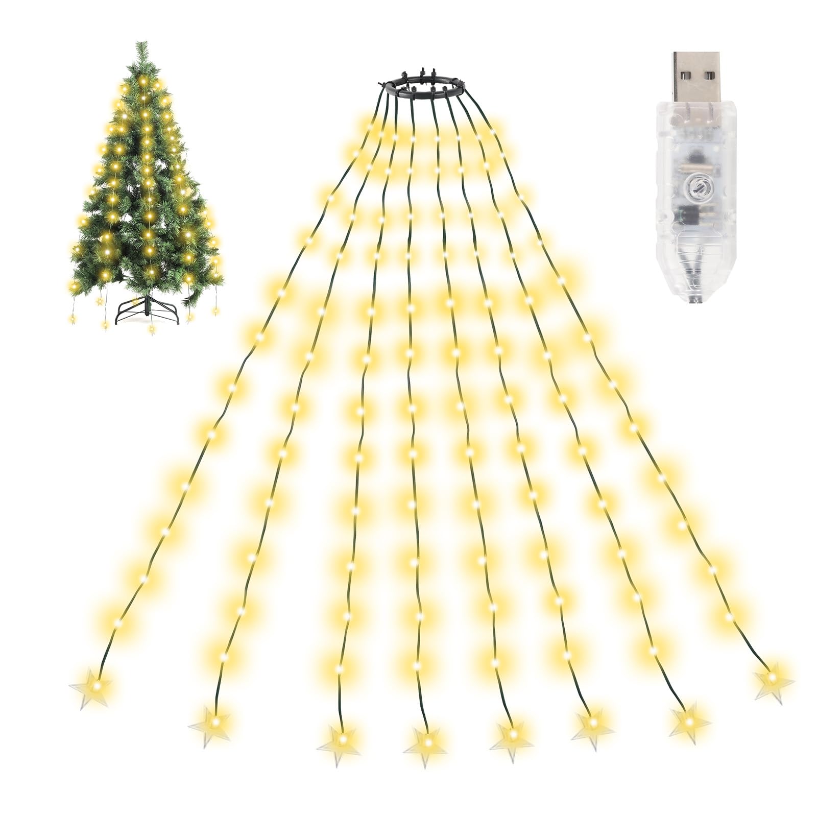 SALCAR Christmas Tree Lights, 2m x 8 Strands 280 LED Fairy Lights for 6-8ft Christmas Tree, Easy to Install, Indoor & Outdoor Decoration, 8 Modes, (Star Topper, 1.5m)