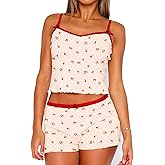 SUEER Women 2pcs Floral/Dot Print Pajamas Set Sleeveless V-Neck Frill Trim Crop Top Elastic Waist Shorts Sleepwear