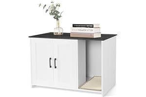 Dwanton Litter Box Enclosure, Cat Litter Box Furniture Hidden, with Scratching Mat, Wooden Cat Washroom Indoor, 31.5" L x 19.7" W x 21.7" H, White and Dark Gray