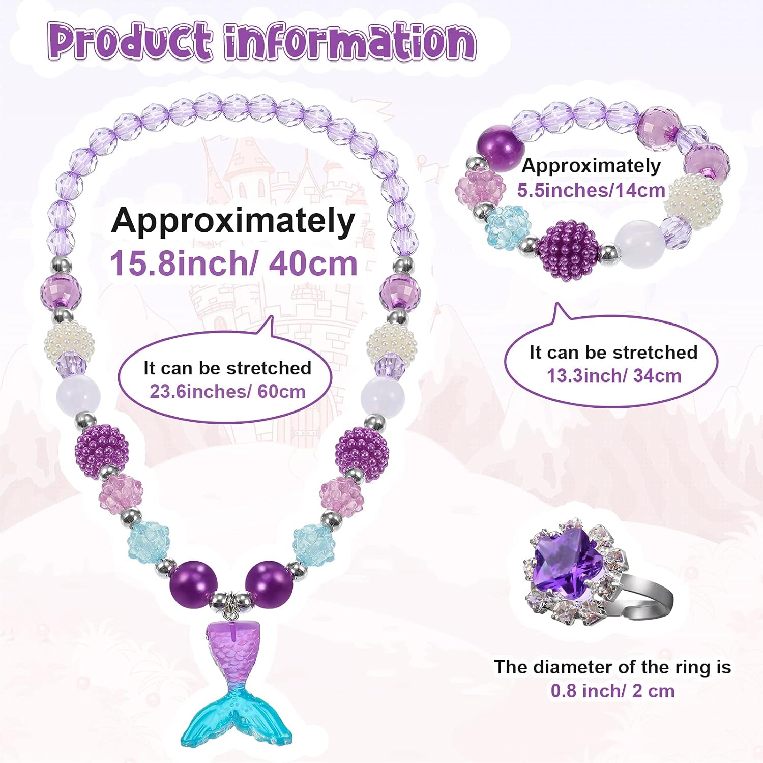 Girl Princess Necklace Bracelet Jewelry Set Includes 6 Sets Girls Beaded Necklace Bracelet with 8 Rings for Dress Up Party Cosplay Accessories (Heart, Flower Style): Toys & Games