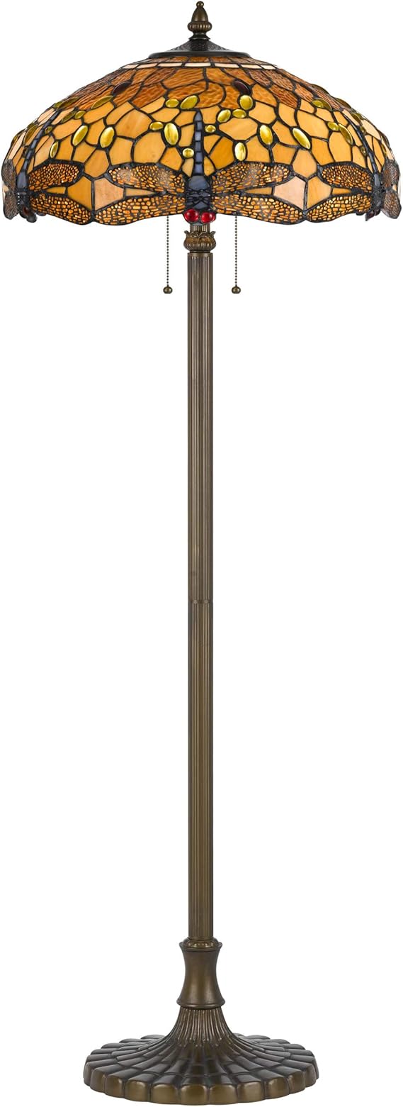 2 Bulb Tiffany Floor Lamp with Dragonfly Design Shade, Floor Lamps