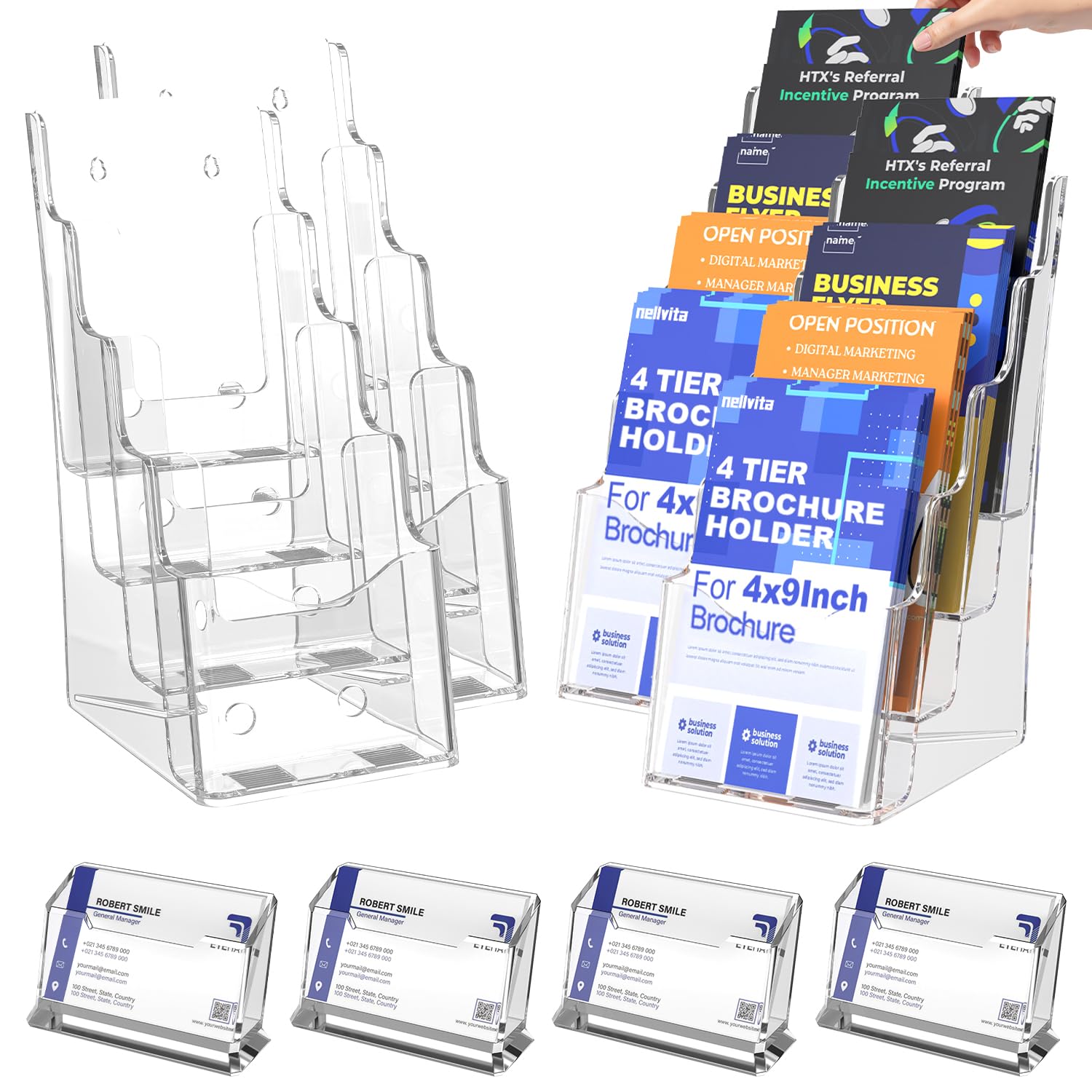 Photo 1 of 4 Pcs Acrylic Brochure Holder, 4 x9 Inches Flyer Holder, 4 Tier Clear Pamphlet Holder, Magazine Literature Organizer Holder, Brochure Display Stand, for Wall Mount or Desktop Use