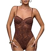 WDIRARA Women's Lace Corset Cami Bodysuit Sexy Low Cut Leotard Bustier Bodysuit