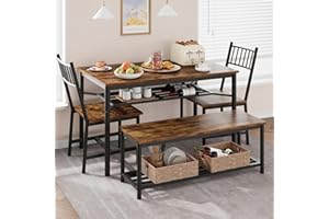 IDEALHOUSE Dining Table Set for 4, Kitchen Table and Chairs for 4 with Storage Bench, Rectangular Kitchen Table Set with Wine Rack, Dining Room Table Set for Small Space, Apartment, Retro Brown