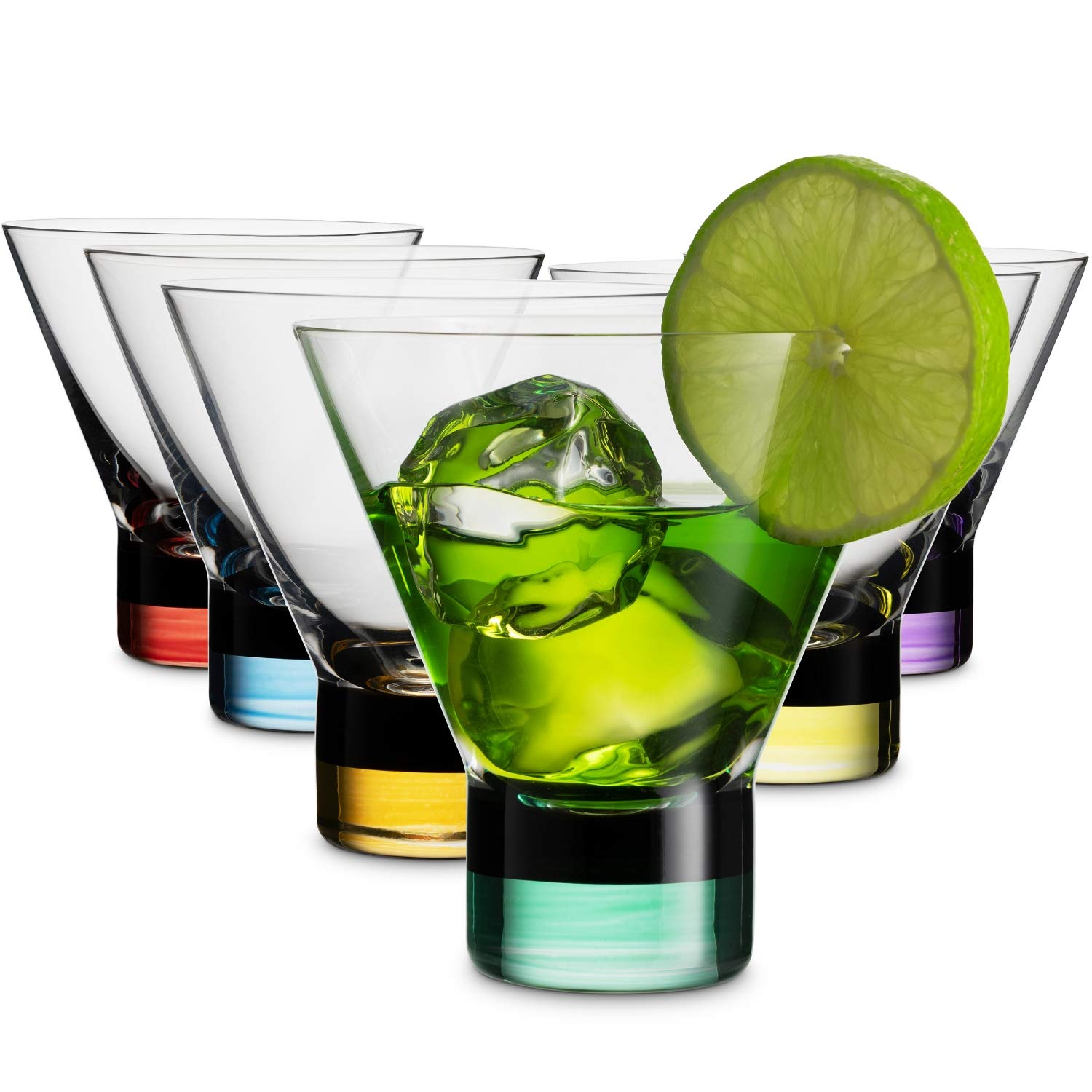 MITBAK Martini Glasses, Set of 6 Stemless Martini Glass, 8 OZ With Stylish Colored Base, Elegant Cocktail Glasses Great for Martini, Cocktail, Manhattan, Margarita, Cosmopolitan, Made In Europe