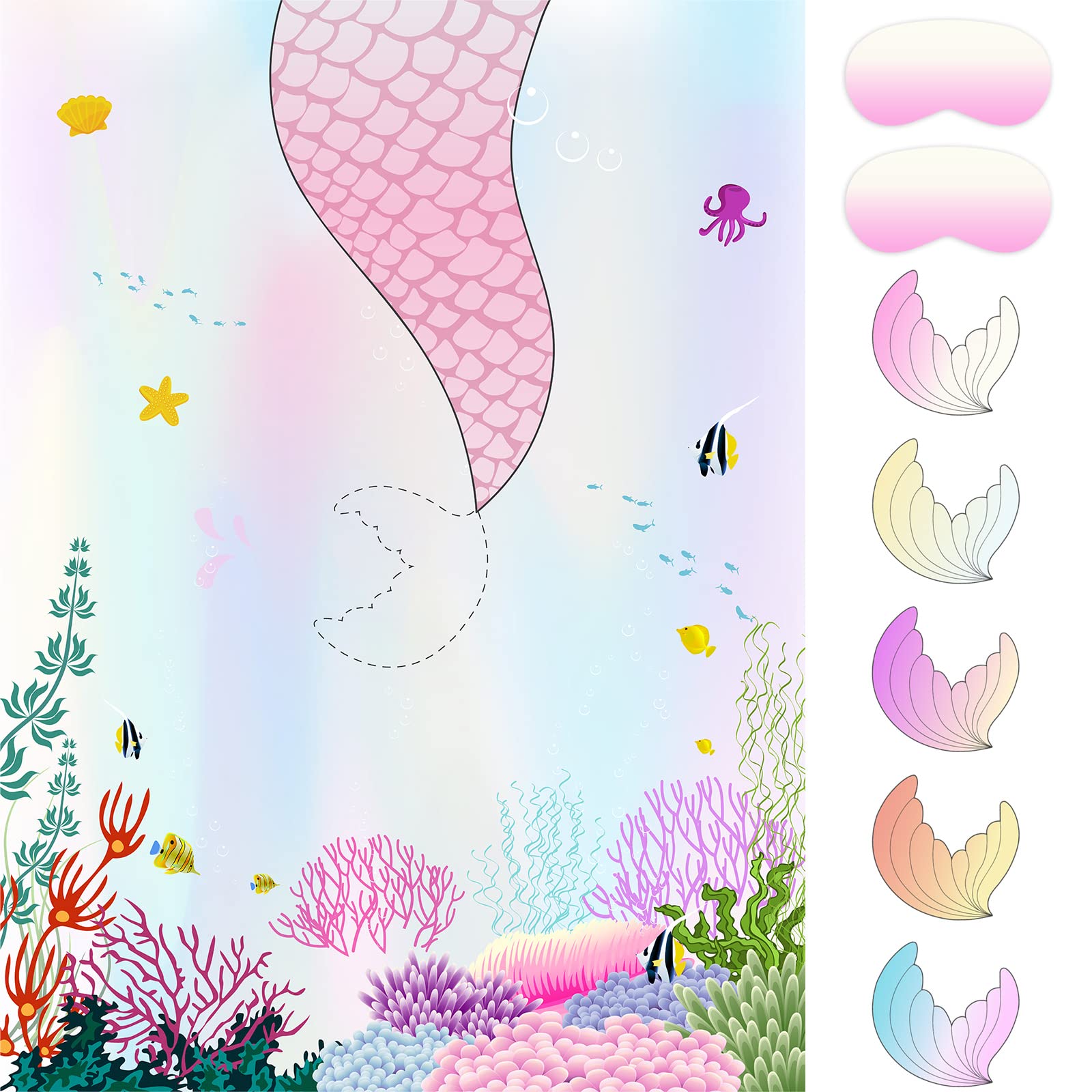 ASTARON Pin The Tail on The Mermaid Game for Kids Birthday Party, Mermaid Party Game with 24 pcs Tail Stickers Birthday Party Supplies for Wall Home Room Decorations