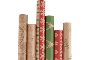 RUSPEPA Christmas Wrapping paper - Brown Kraft Paper with Red and Green Pattern For -Christmas Elements Collection-6 Roll-30Inch X 10Feet Per Roll