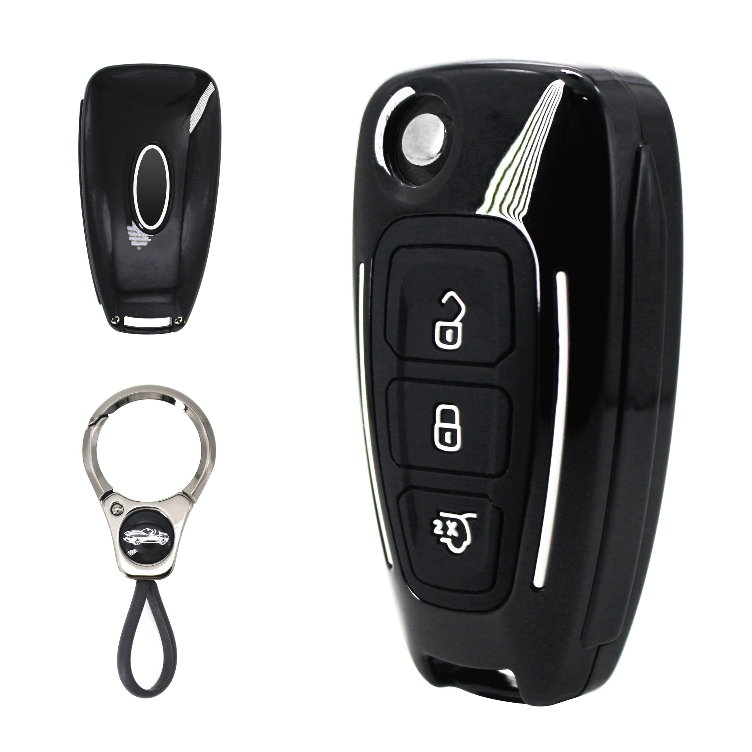 ABS Plastic with Silicone Inner Sleeve Protective Cover for Ford Flip Folding Key Fob,3 Buttons Car Key Case Shell Compatible with Ford Fiesta/Focus/Mondeo-Black