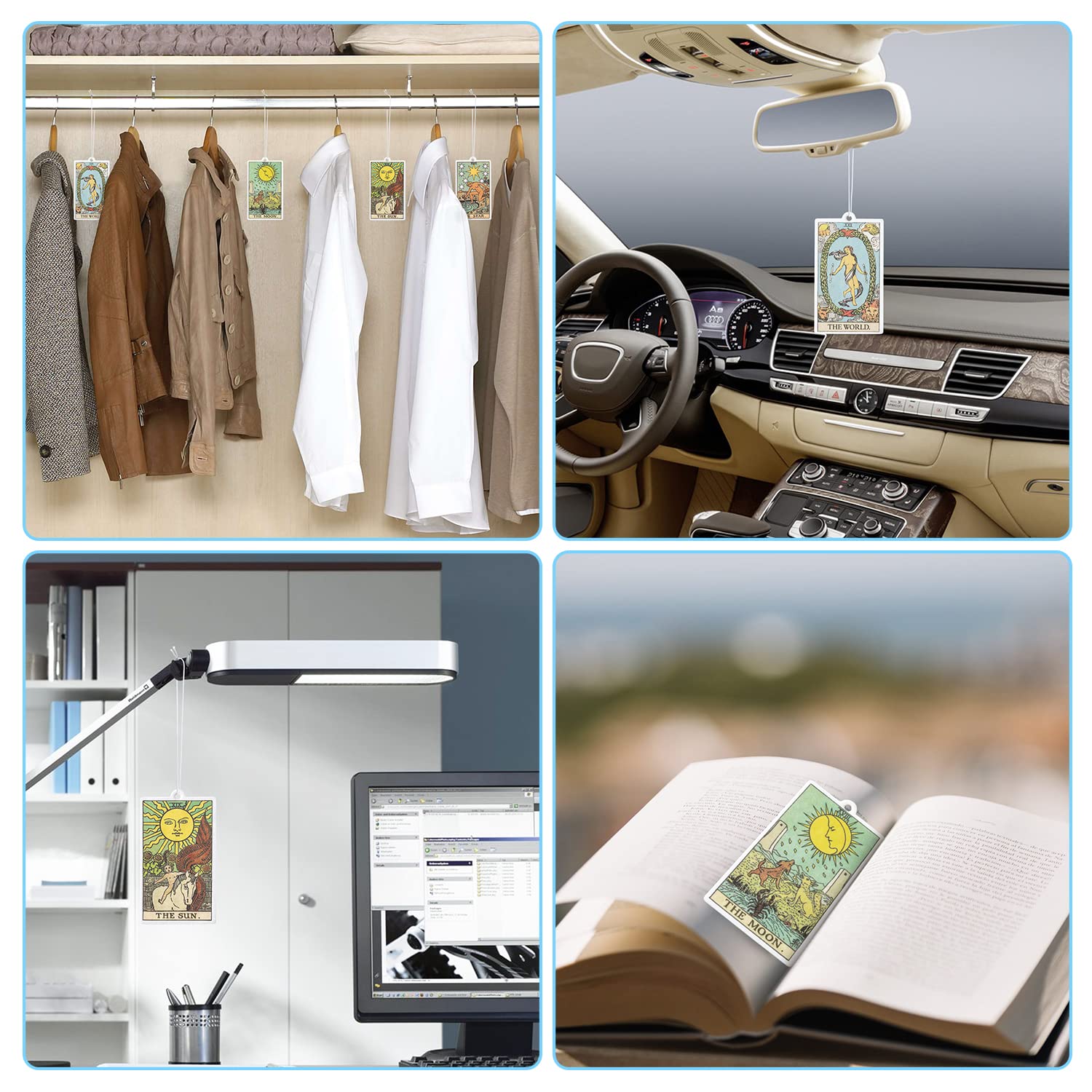 L1rabe 4Pcs Tarot Hanging Air Freshener Fragrance Scented Cards, Tarot Cards Theme Car Aromatherapy Tablets for Car Bedroom Wardrobe Shoe Cabinet, Quickly Eliminate Odor Home Office Pendant Decoration