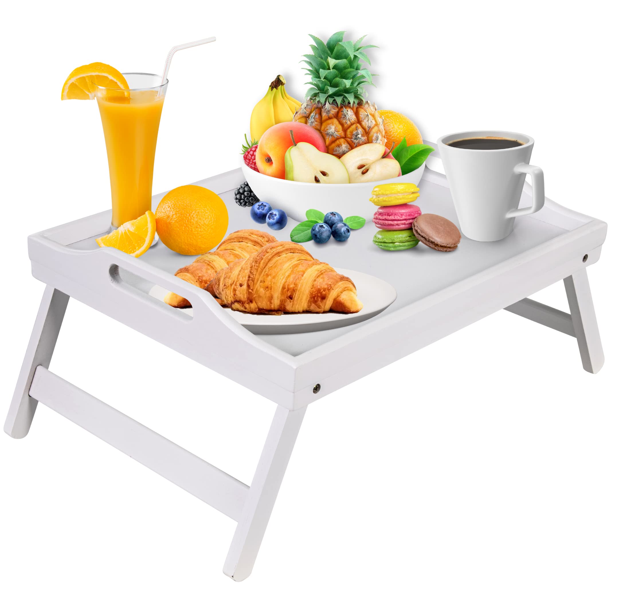 Mosii White Bamboo Bed Tray Table With Handles & Foldable Legs, Multipurpose Lap Desk & Standing Desk For Breakfast In Bed, Sofa, Eating, Platters, Working, Serving, Drawing, Laptop Stand & Snack Tray