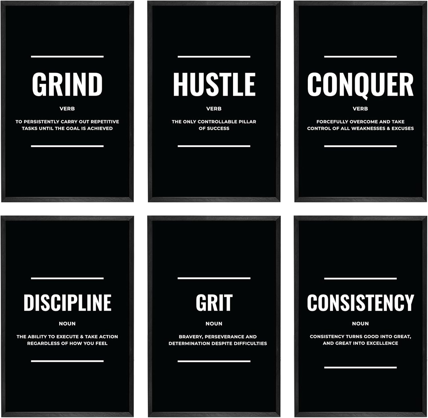 Wall Décor - Throwback Traits Motivational Wall Art Success Posters - Grind Hustle Execution Motivational Wall Decor For Office, Home Office, Living Room - 6 Set Of Black And White Posters Size 11 x 17 inch