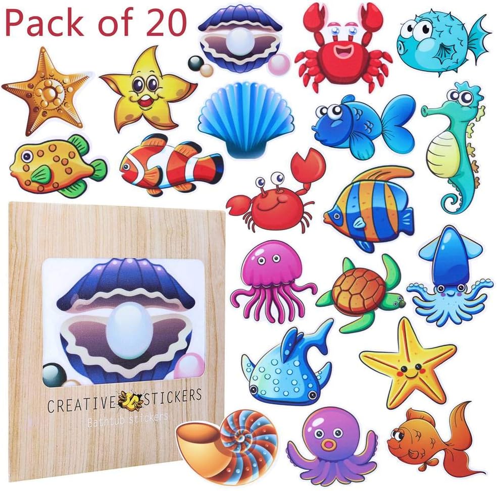 AhlsenL 20 PCS Sea Creature Stickers Anti-Slip Bathtub Stickers Adhesive Shower Safety Appliques for Bath Tub and Shower Surfaces Peel and Stick Removable