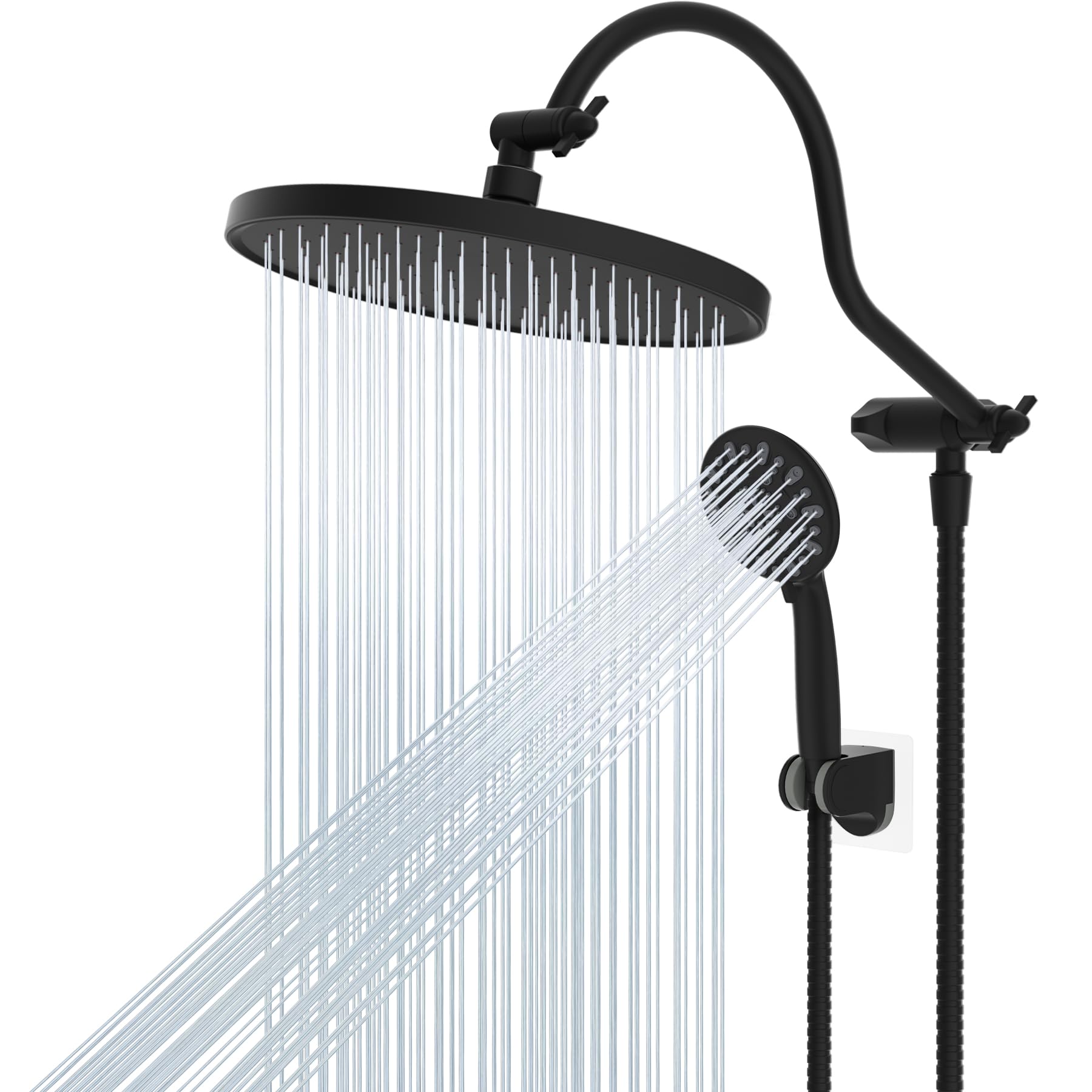 Photo 1 of Hibbent 10'' Self-cleaning Rain Shower Head, High Pressure Handheld Shower Head, Showerhead Combo with 12'' Adjustable Curved Shower Extension Arm, 7-Spray, 71'' Hose, Showerhead Holder, Matte Black