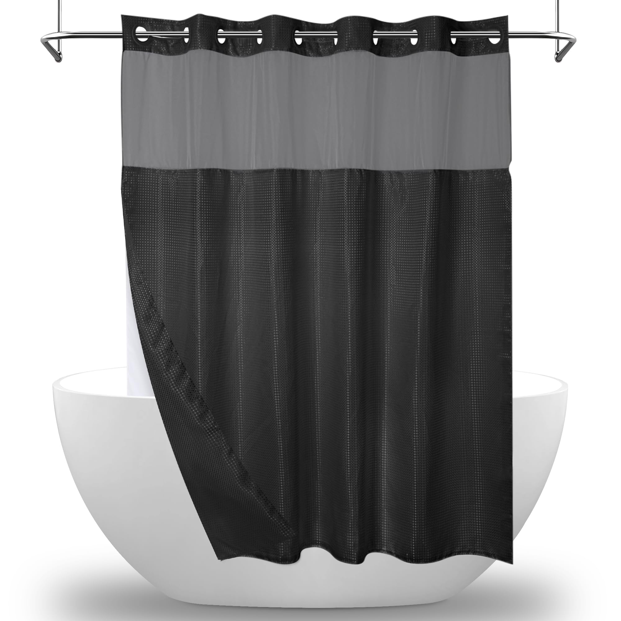 MEKOTRIN Hookless Shower Curtain with Snap on Liner Waffle Fabric Double Layer, 74 x 71 Inch Weighted Black Shower Curtains with Viewing Window, Bath Curtain Waterproof for Bathroom Hotel(Black)