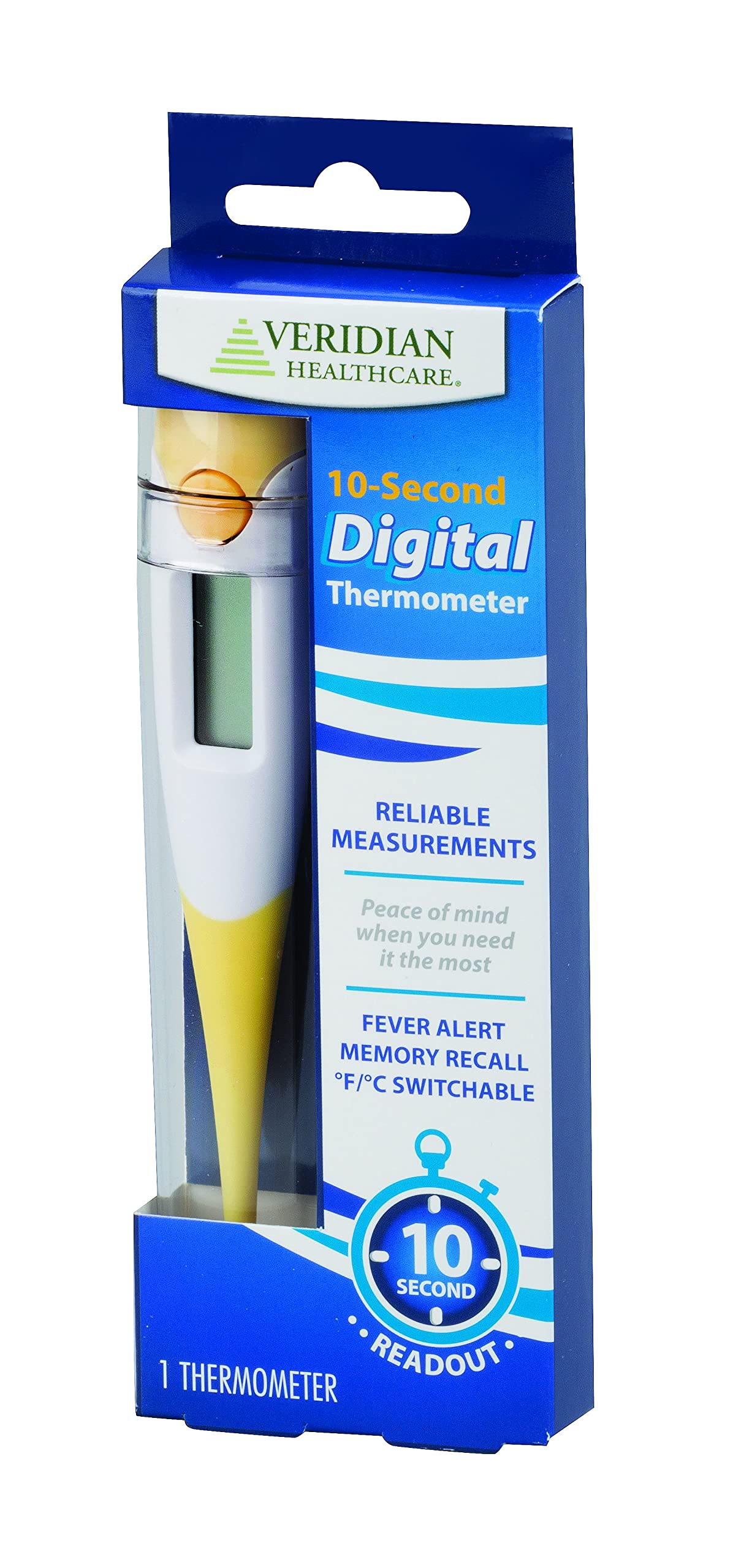 Veridian Digital Thermometer | 10-Second Readout | F C Temperature Modes| Flexible Tip | Hygienic Water-Resistant Easy Cleaning | Storage Case + Instructions Included