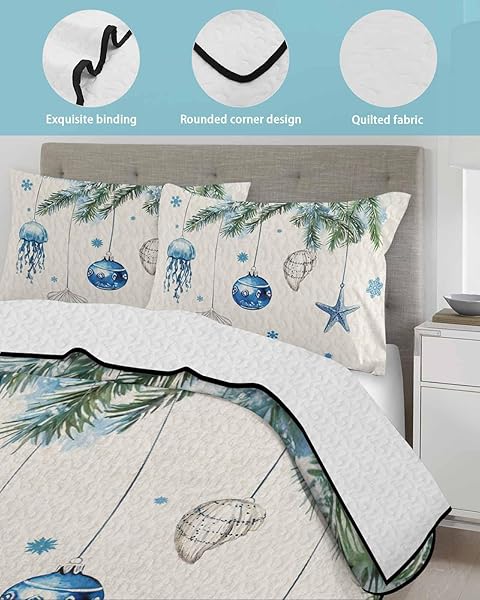 WOWOUHIYA KING QUILT SETS, BLUE COASTAL CHRISTMAS LIGHTWEIGHT BEDSPREADS WITH 2 PILLOW SHAMS, XMAS BOTANICAL STARFISH RUSTIC SOFT SUMMER BED COVERLETS 3 PIECES BEDDING SET FOR ALL SEASON