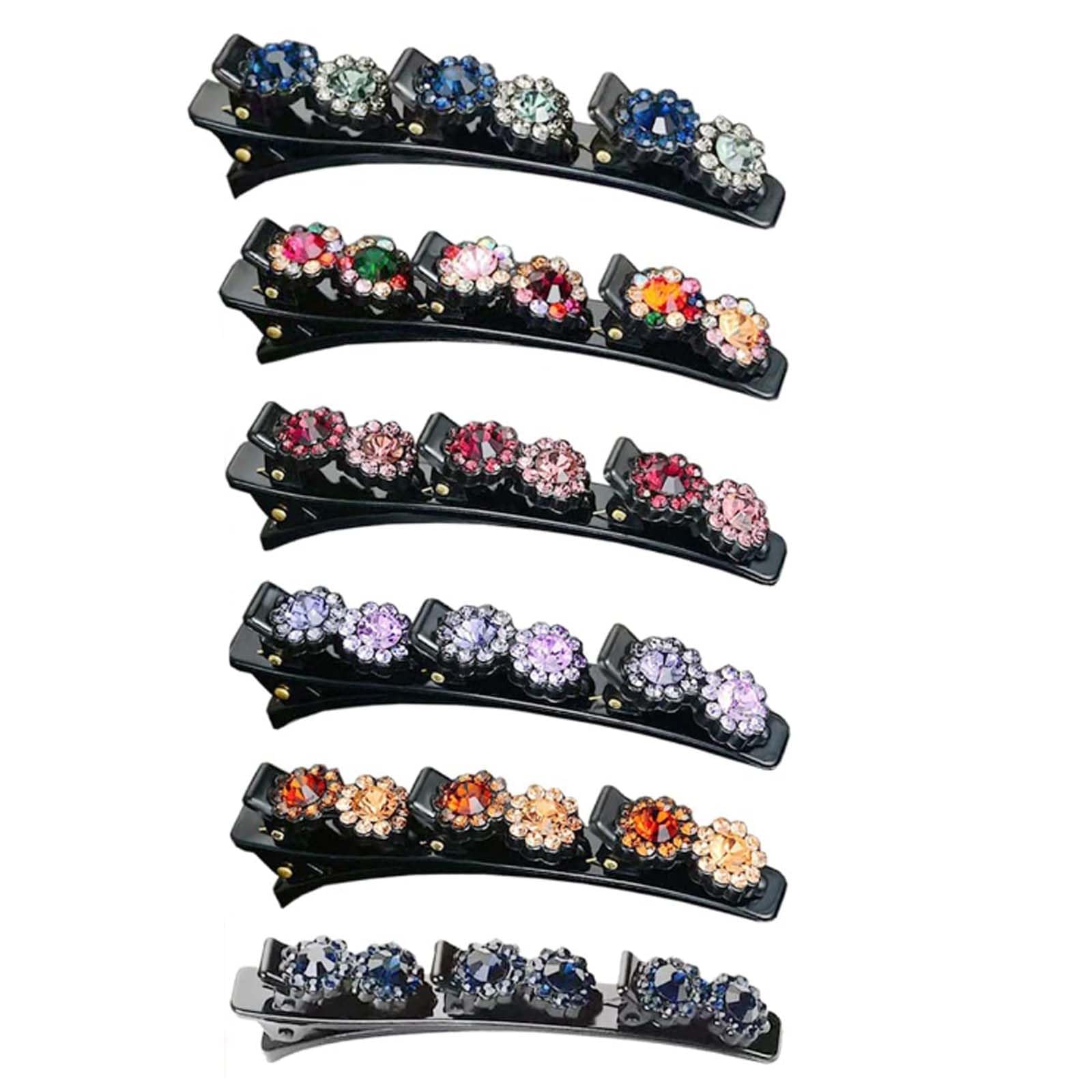 6Pcs Simple Flower Braided Hair Clips with Crystal Stone for Styling and Sectioning - Three Unique Side Designs