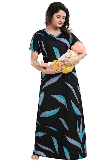 Women's Black Cotton Feeding/Nursing/Maternity Nighty(Size:Free Length:55