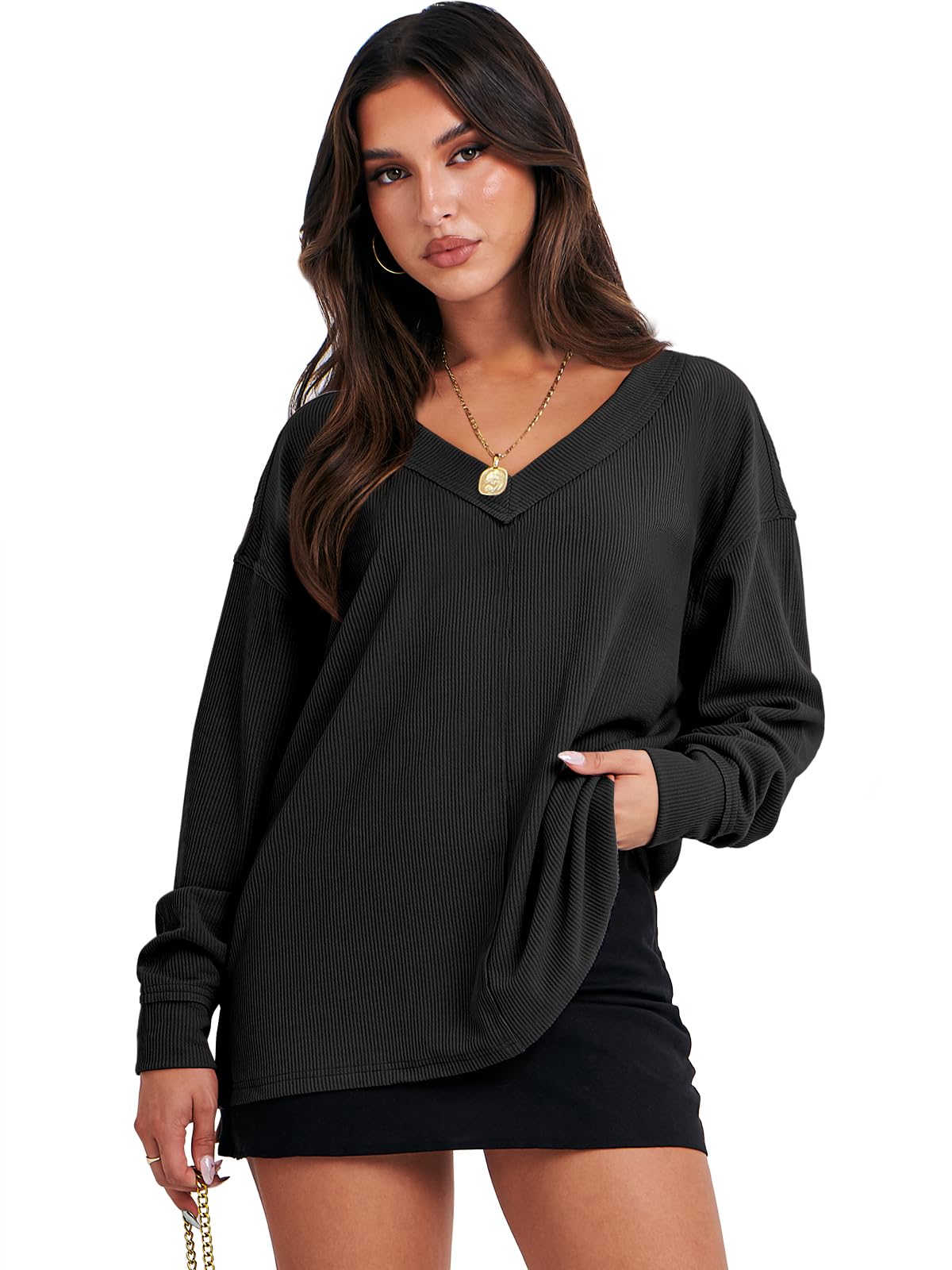 ANRABESS Oversized Long Sleeve Shirts for Women Off the Shoulder Sweatshirt Loose V Neck Tunic Tops High Low Sweater 2024