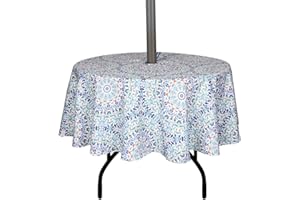 youngseahome Outdoor Tablecloth Water Resistant Polyester Fabric Tropical Leaves Table Cover with Zipper Umbrella Hole for for Picnic/Party/Dinner/Patio Garden (70Inch Round,Mandara)