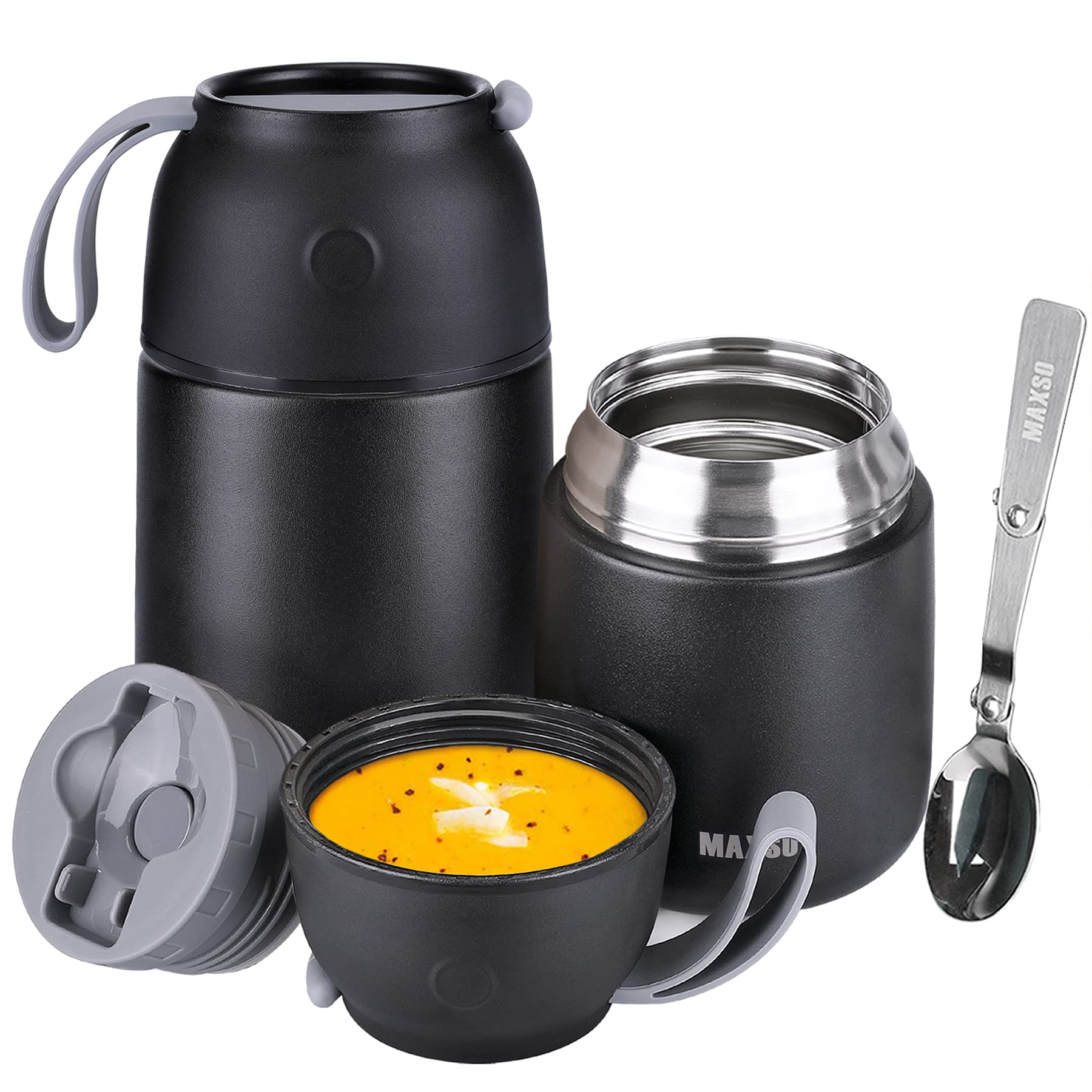 Insulated Thermo Food Jar for Hot & Cold Food for Kids Adult, 17&24 oz Soup Thermal Hot Food Containers for Lunch, Triple Layer Insulation Stainless Steel Food Jar with Spoon (2 Pack Black) Image