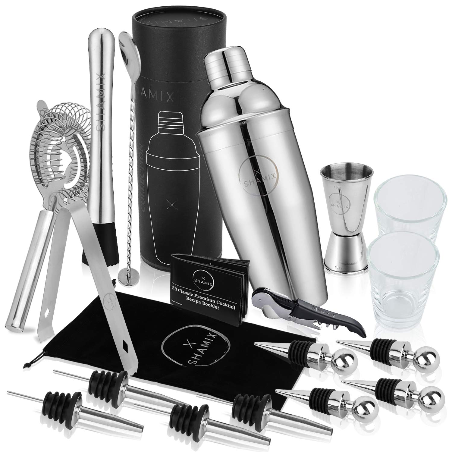 19-Piece Exclusive Cocktail Shaker Set and Bartender Kit With Tote, Shot Glasses, Cocktail Booklet - Home Bar Accessories Decor and Bar Set Includes 24oz Martini Shaker, Marked Jigger, Other Bar Tools