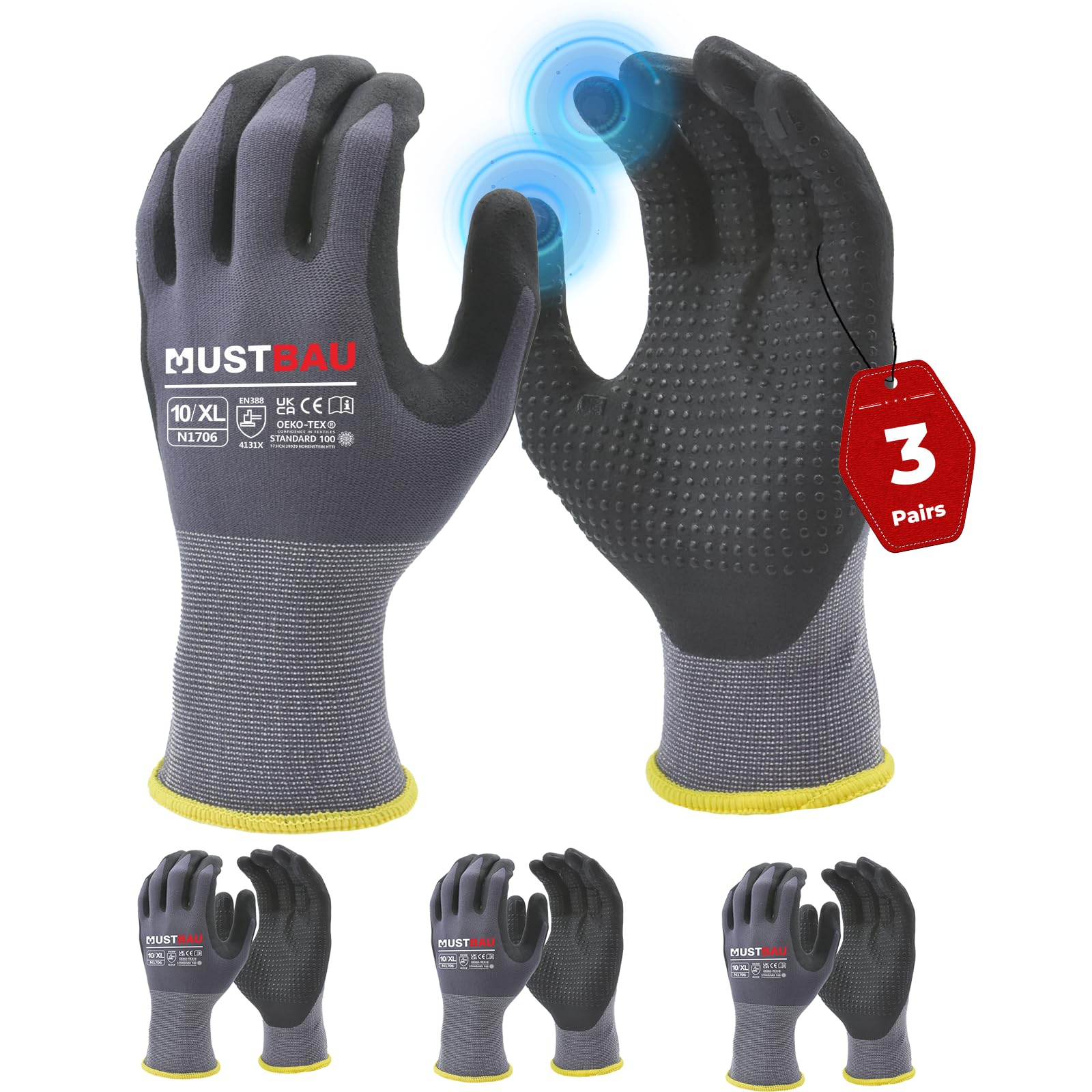 Mustbau 3 Pairs Safety Work Gloves Breathable Nitrile Coated Gloves,Knit Nylon Protective Gloves,Abrasion,Dexterity, Touch Screen, for Most Kinds of Jobs-XL