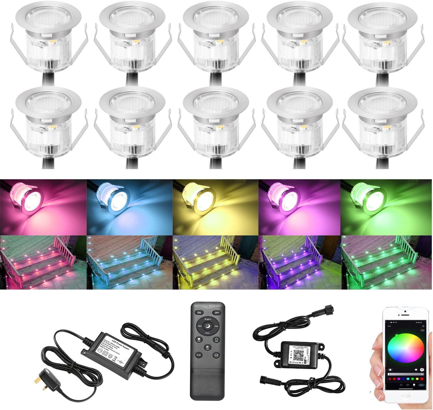 GEYUEYA Home RGB WiFi Led Decking Lights Ø30MM Deck Light with Remote Control,Waterproof IP67 12V Led Plinth Light Kits for Terrace Pathway Garden Decoration,10 Packs