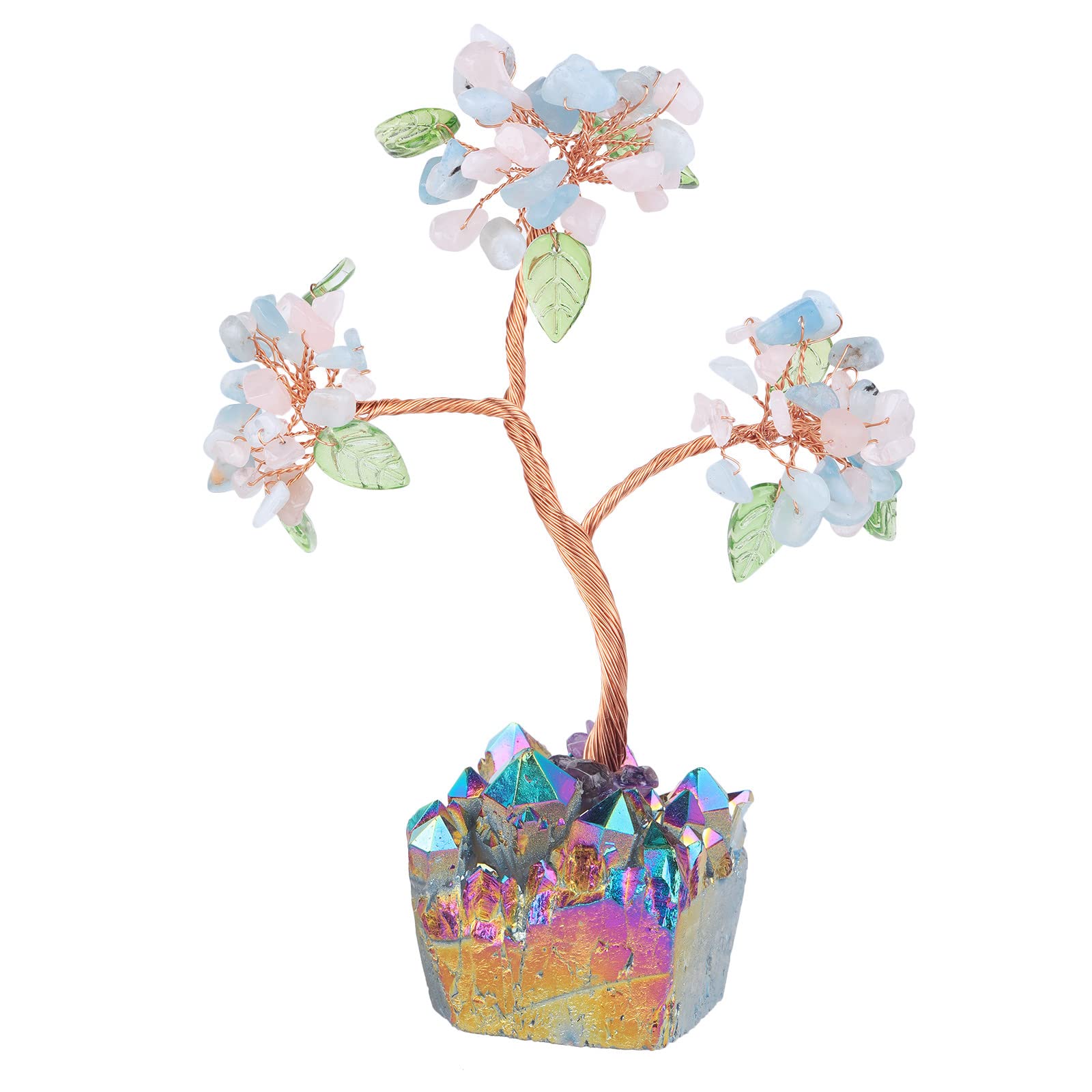mookaitedecor Aquamarine & Rose Quartz Crystal Tree of Life with Rainbow Titanium Quartz Crystal Base Feng Shui Ornament Good Luck Crystal Colourful Room Decor, Bonsai Tree Rainbow Aura Quartz Gift