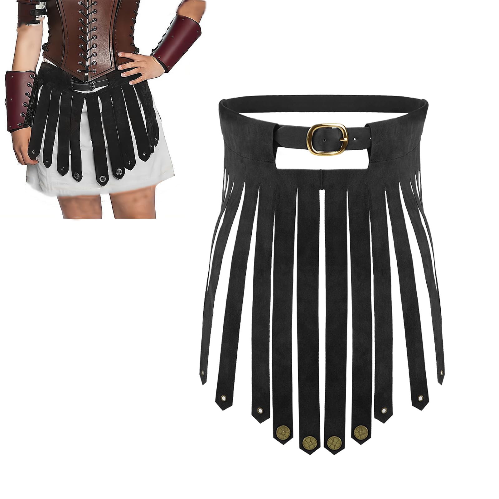 XINCHIA Medieval Punk Leather Tassel Skirt with Belt Viking Knight Armor Skirt Retro Roman Gladiator Dress Adjustable Belt Fancy Dress Medieval Costume Halloween Cosplay Costume Party Accessories