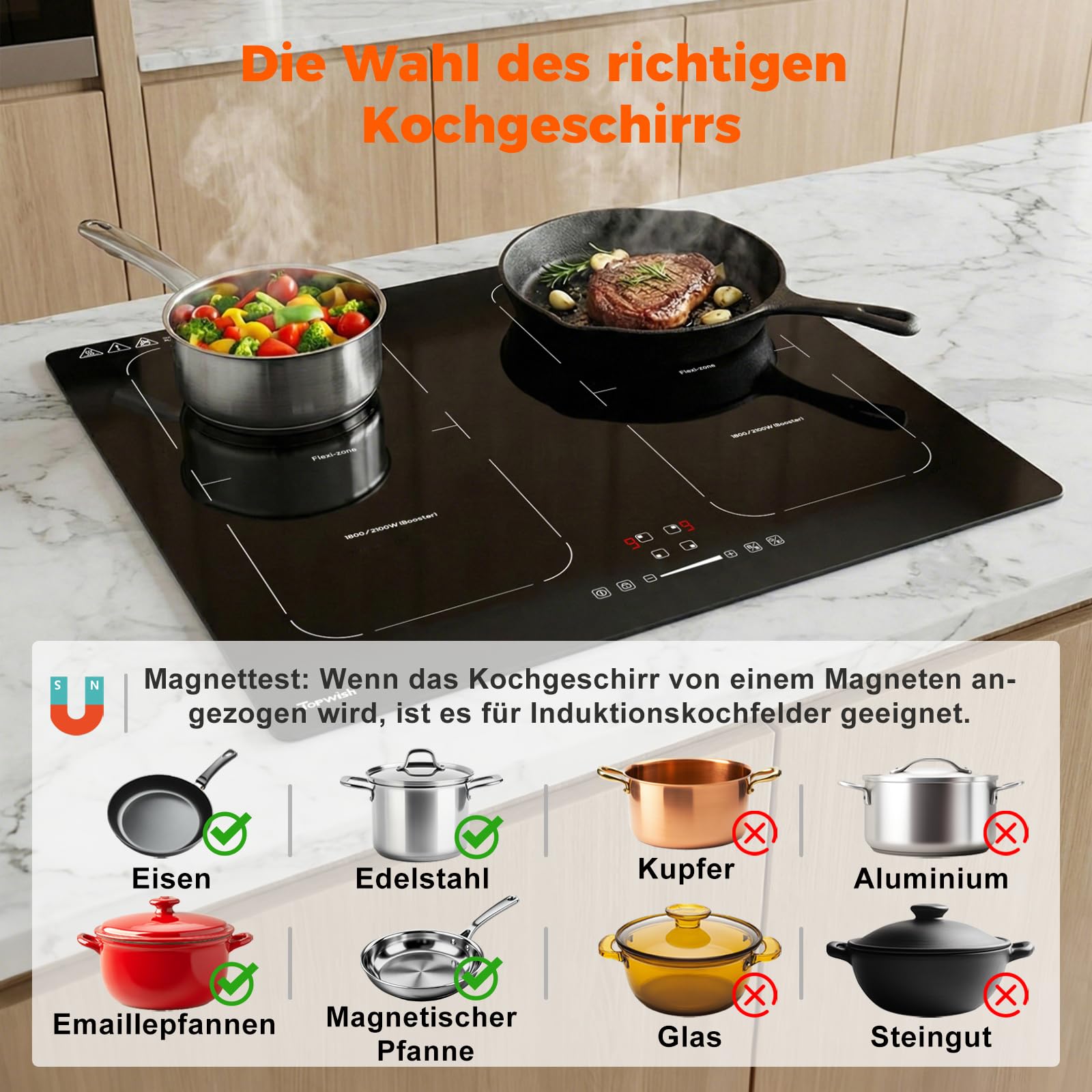 Topwish Induktionskochfeld 4 platten mit Flexzonen, Induktionskochfeld einbau 60cm,herdplatte 4 kochfelder mit Boost-Funktion, Timer, Kindersicherung, Überhitzungsschutz und Warmhalten,7200W 9