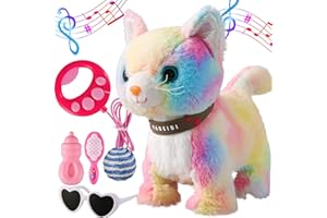 MARSJOY Colorful Leash Walking Cat Set Singing That Purrs and Meows Animated Plush Robot Kitten Moving Plush Realistic Stuffed Animal Remote Control Cute Kawai Robotic Kitty Toy for Girl